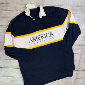 Perry Ellis Men's AMERICA Long Sleeve Rugby Shirt Navy Blue White Yellow Large